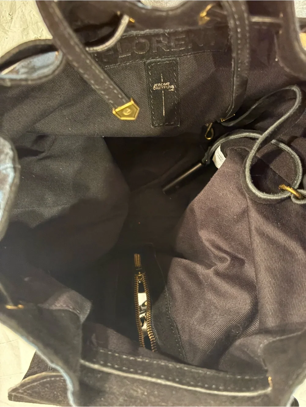 Jerome Dreyfuss Black Suede and Blue Leopard-Print Backpack with Gold accents